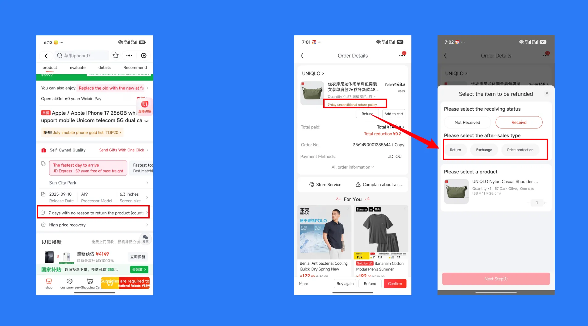 Return and refund options in an order