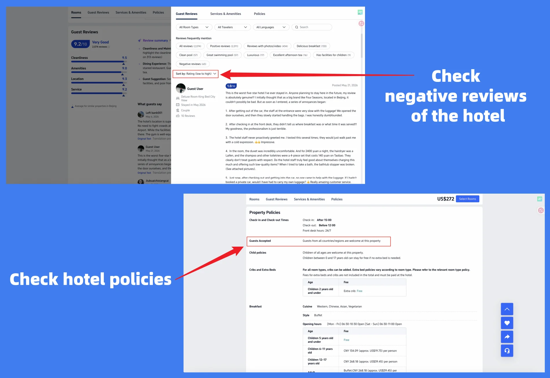 Check user reviews and accommodation policies on Trip.com