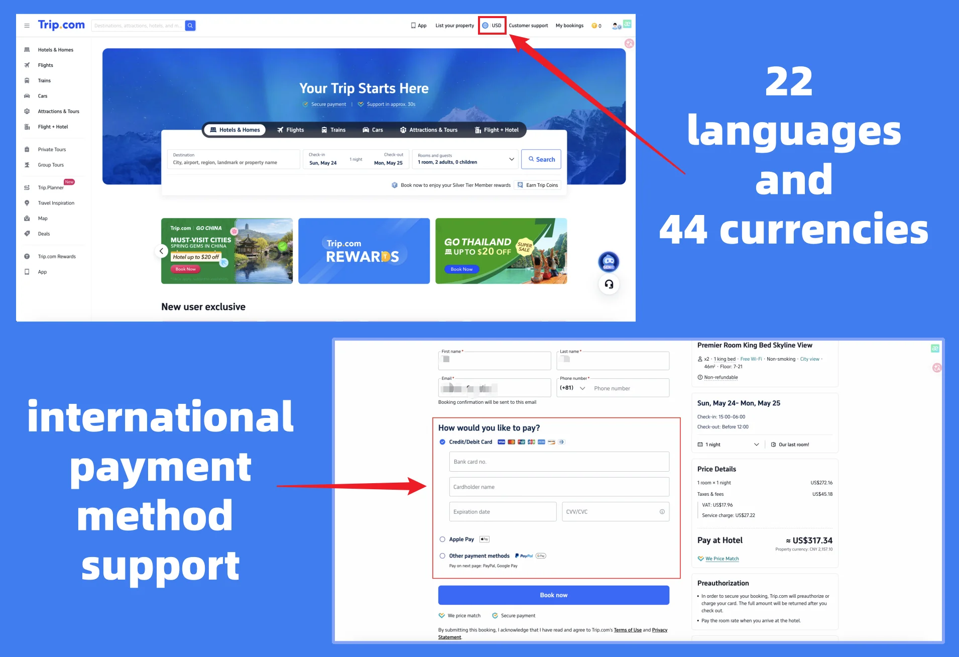 Trip.com supports 24 languages, 44 currencies, and major international credit cards